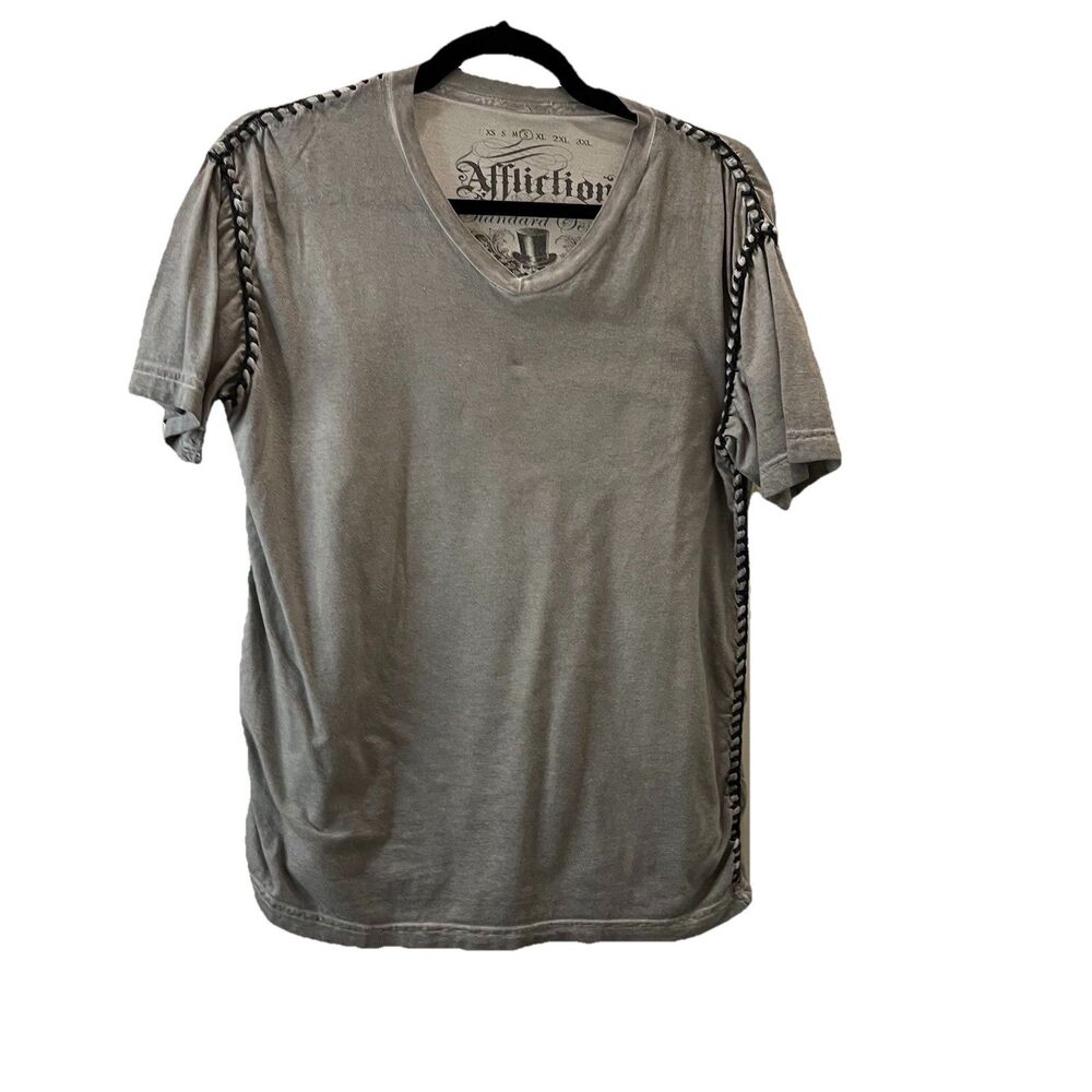 Affliction Gray Thick Stitch Lace Trim Detail V Neck Short Sleeve Top Womens S